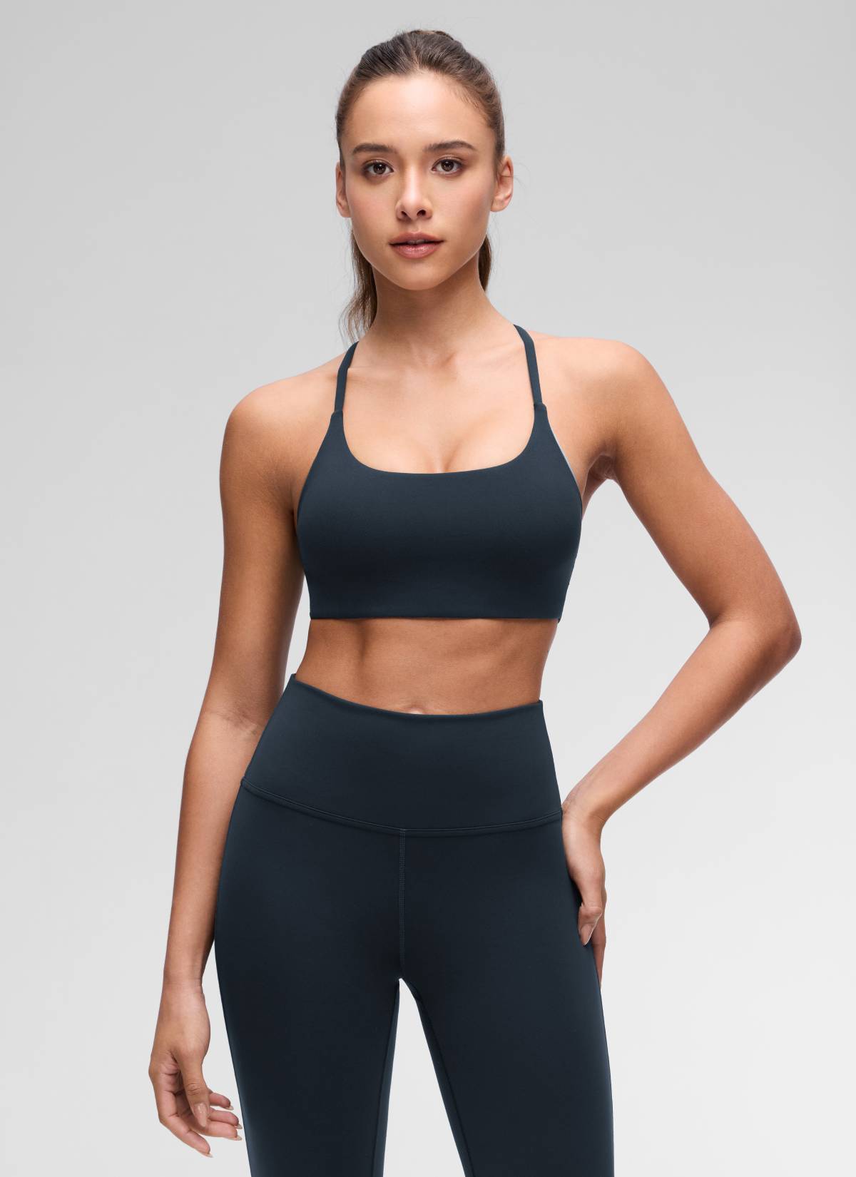 Yoga Scoop Neck Twist Cross Back Sport Bra True Navy